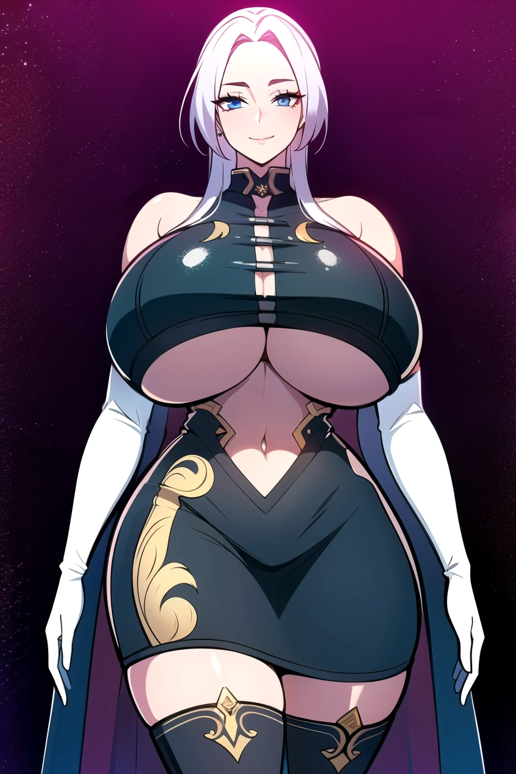ultra realistic 8k cg, masterpiece, (( intricate detail, highly detailed, fine details best quality, hyperdetailed face)), gigantic breasts ,beautiful lighting, absurdres, BoaHancockV2,  1girl, solo, white hair, long hair, jewelry, closed mouth, ), (chinese dress, (underboob : 1.4), elbow gloves, thigh boots, split skirt, bare shoulders, curvy, midriff, curvy, thighs, shiny clothes), blue eyes, (complex detailed background, inside, luxury palace), ((cowboy shot)), curvy, (gigantic breasts: 1.1), seductive smile, cowboy shot,