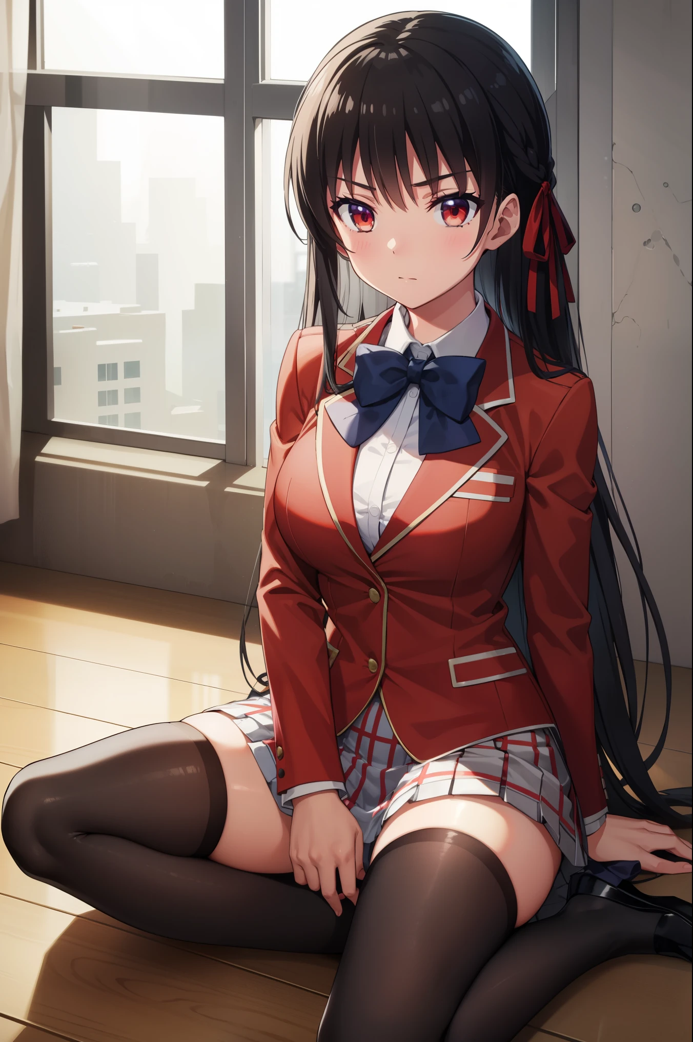 suzune horikita, long hair, black hair, (red eyes:1.3), hair ribbon, braid,
BREAK bow, , jacket, bowtie, blue bowtie, blazer, (red blazer:1.5), skirt, white skirt,((black thighhighs))
BREAK indoors, classroom,sitting,full body
BREAK looking at viewer,
BREAK (masterpiece:1.2), best quality, high resolution, unity 8k wallpaper, extremely detailed face,(perfect hands, perfect anatomy),