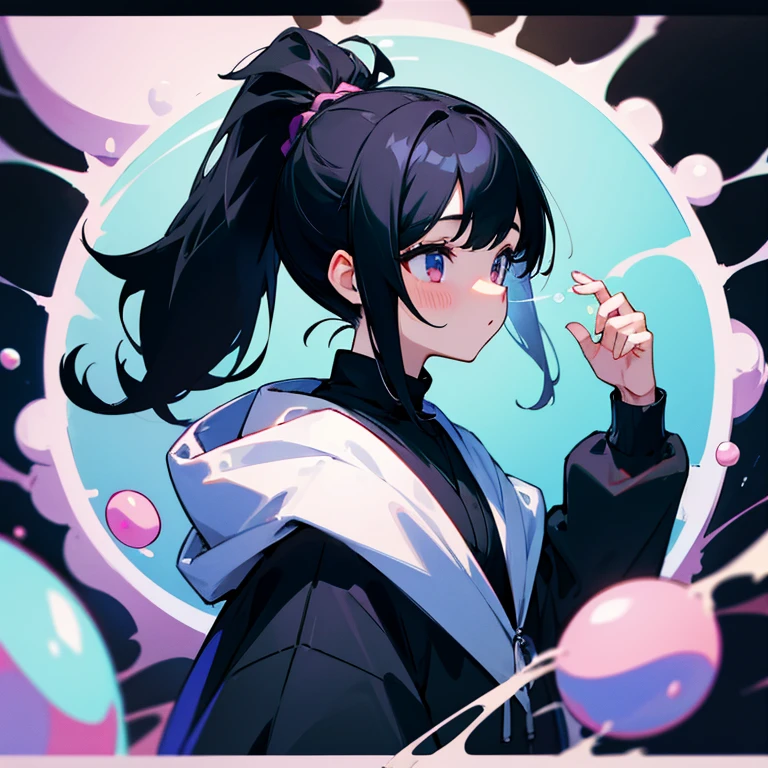 black hair、girl、ponytail、hoodie、Bubble、dark