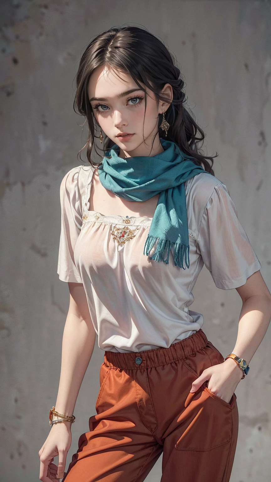 ((最high quality, 8K, masterpiece: 1.3, Ultra HD, high quality, 最high quality, High resolution, realism)) 、(high color saturation:1.0), (highly detailed skin), (最high quality:1.0), (超High resolution:1.0) ,(realistic:1.0), (Super detailed:1.0), (8K, Raw photo:1.1), slender、Slender, muscular body that&#39;s toned like an athlete&#39;s、24 year old white female、blue eyes、blonde、medium long hair、hair is wavy、Accessorize your wrist、Scarf Tie Blouse((scarf tie brouse))、Aladdin Pants((aladdin pants))wear、サンダルwear、pastel green background