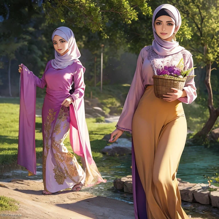 beautiful muslimah girl, wearing traditional silk baju kurung, ultra-detailed, detailed faces, detailed skins, 8k masterpieces, cinematic lighting, firm push-up bosom, modest bosom, slim and slender body, long hijab, eid mubarak, in malay village, picnic in the meadow with a basket full of fruits and flowers