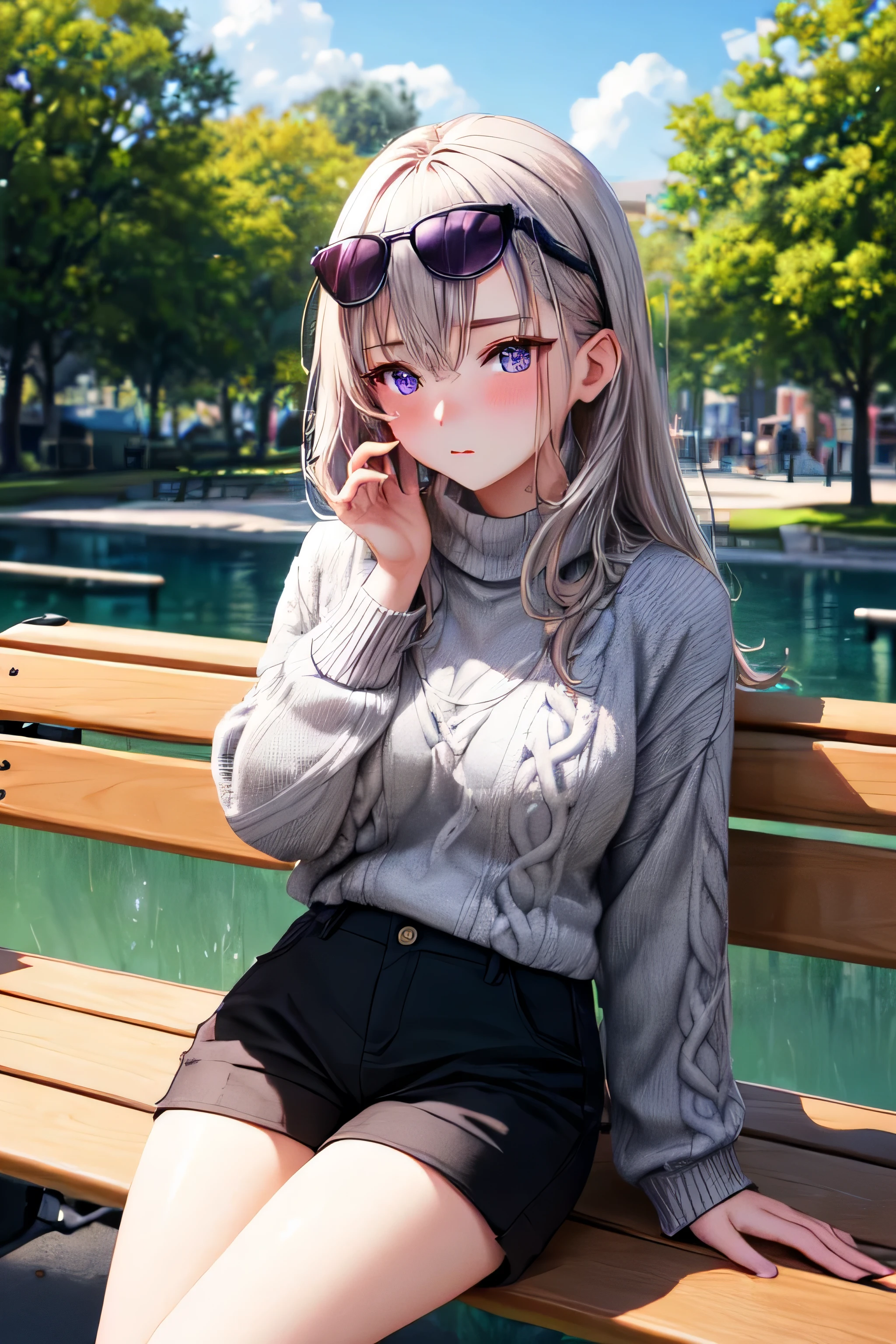 ((best quality)), ((masterpiece)), (detailed), perfect face
"Oversized grey sweater", "black short pants",
"Long grey hair", "violet eyes", "red pupils"
"facing straight", "slight blush on" "black sunglasses on head", "sitting on the bench", "background on the park" "hand under chin"