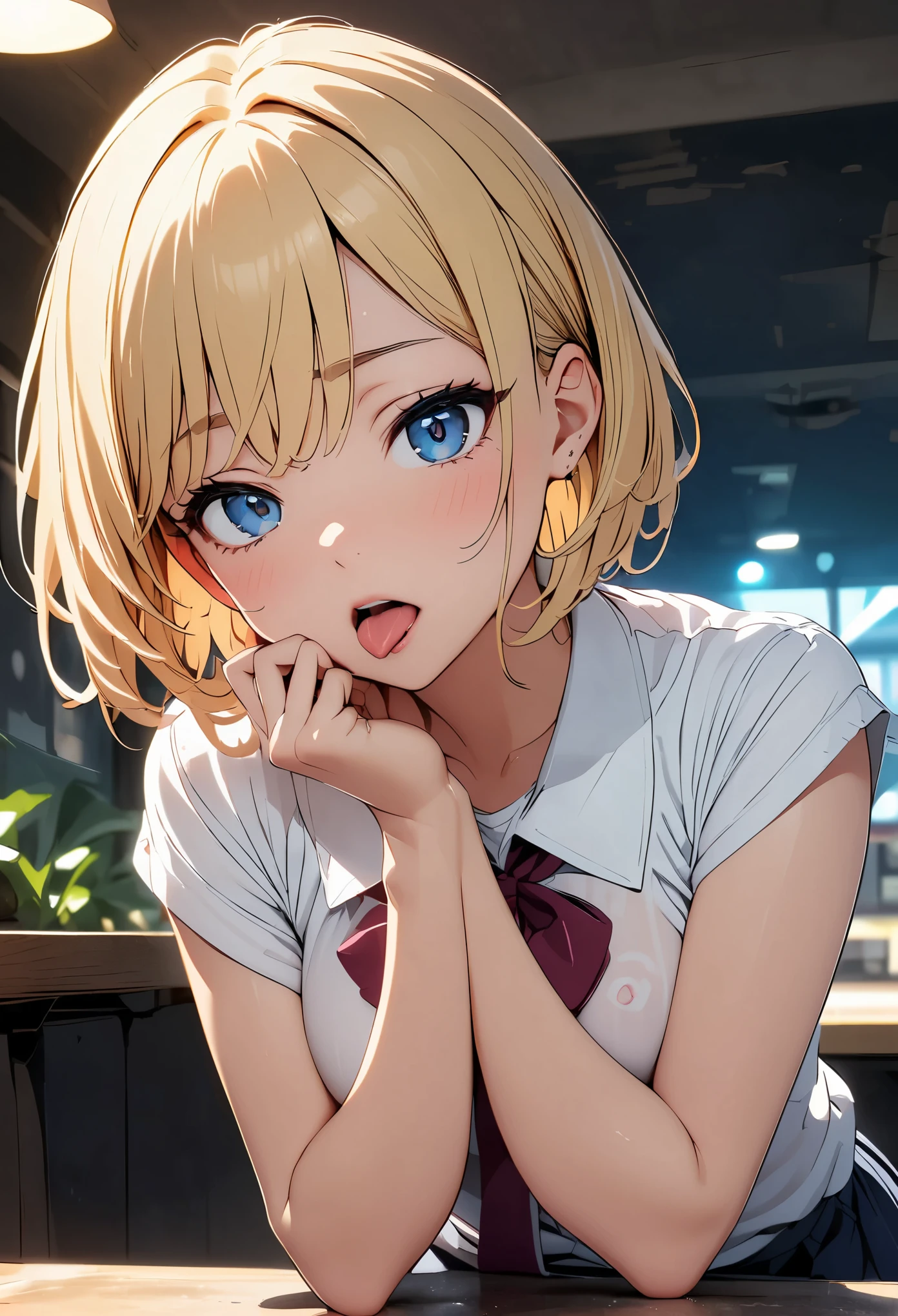 18 year old beautiful girl, masterpiece, highest quality, 8K animation, fine fingers, precise fingers, It&#39;s not an unnatural hand, figure, 1 girl, alone, blonde very short hair, look at the viewer:1.2, Soft cream, open mouth licking, Lustrous lips, Focus on lips, face up shot