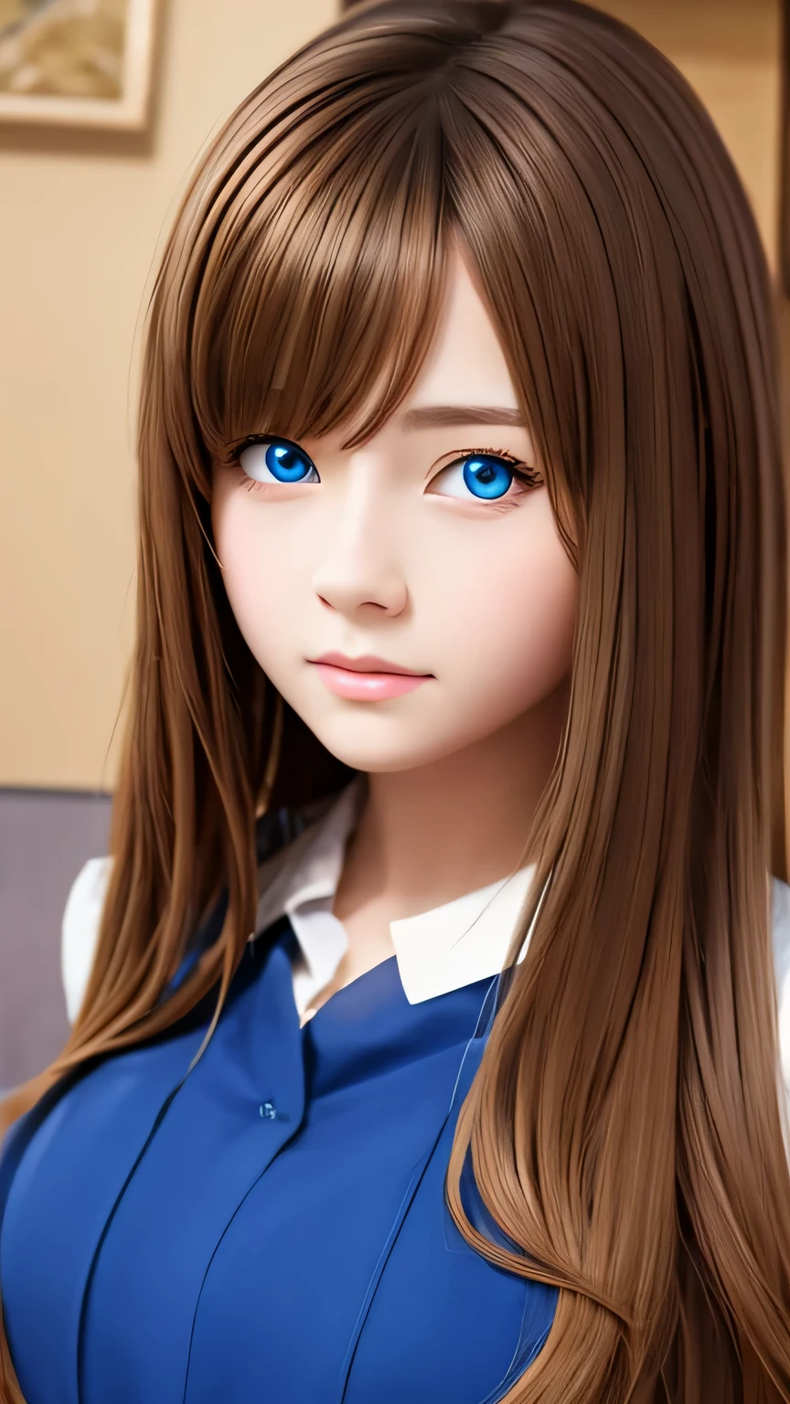 (Highest quality realistic photo reproduction:1.2), (Realization of anime drawings), masterpiece, Live-action version, 8K quality, shiny light brown hair, blue eyes, cute girl, beautiful girl, delicate and beautiful eyes, (bust sharp hocus), Deep blue dress with white collar, 13 years old,