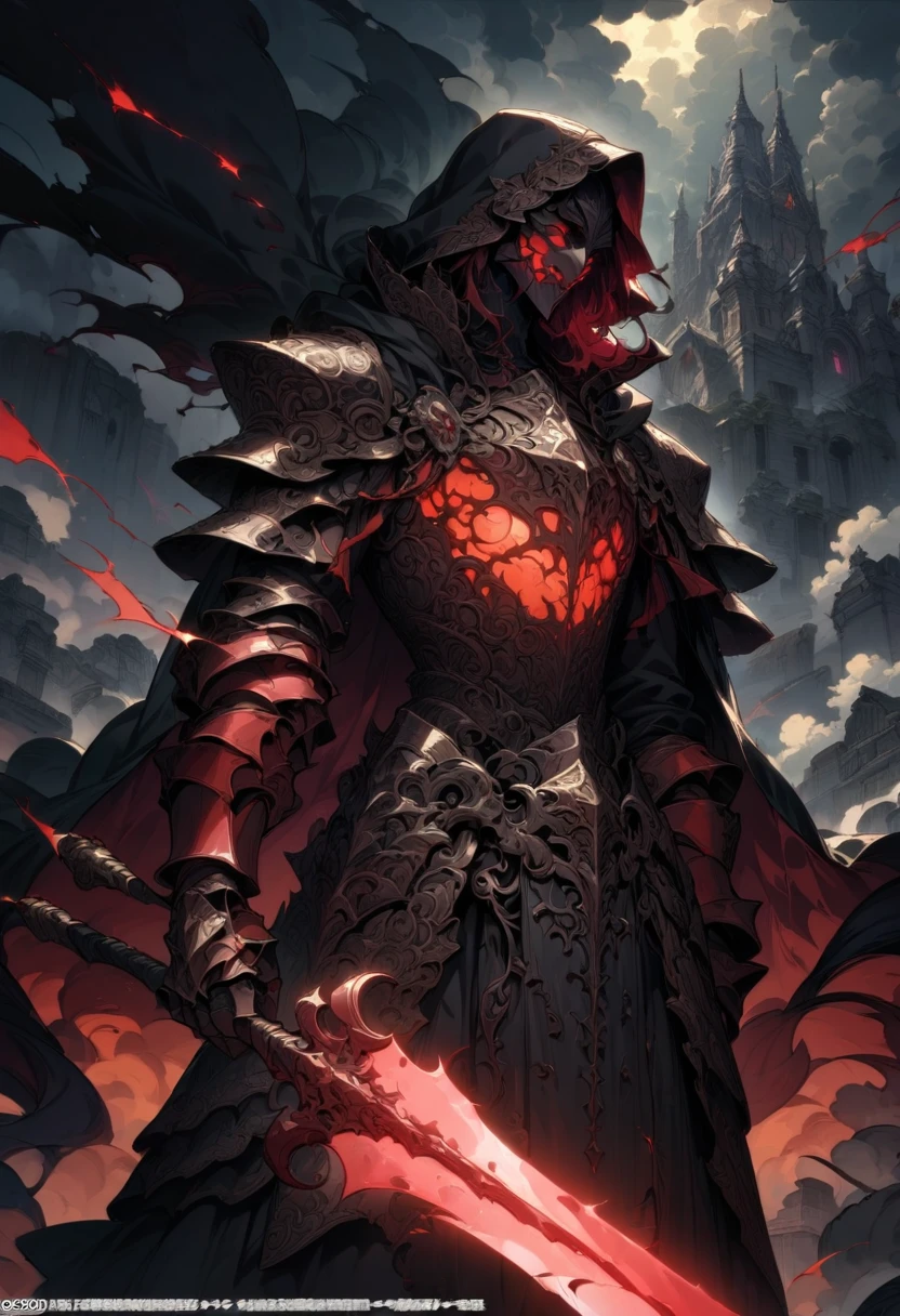 man, a proud warrior wearing intricate medieval black HKStyle armor and an epic black ornamented mask, holding a great crimson glowing sword, red glooming eyes, very wide shoulders, wearing big gauntlets, epic composition. The warrior stands heroic with a flowing cloak and black hood during a storm with foggy gloom, thunderclouds in the background . The scene depicts him with brooding emotional agony, gloomy dramatic lighting, (masterpiece, best quality, perfect composition, very aesthetic, absurdres, ultra-detailed, intricate details, Professional, official art, Representative work:1.3), (Animagine:0.01)