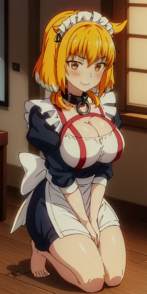 1solo girl female Roxxane, cute, maid victorian, maid apron, straight face, dazed, Body position: Standing, straight, symmetrical, barefoot, fluffy ears, milf bimbo lustful smirking smile red blush red cheeks, chain leash, kneeling, shackles, leather black collar slave, 2 high ponytails