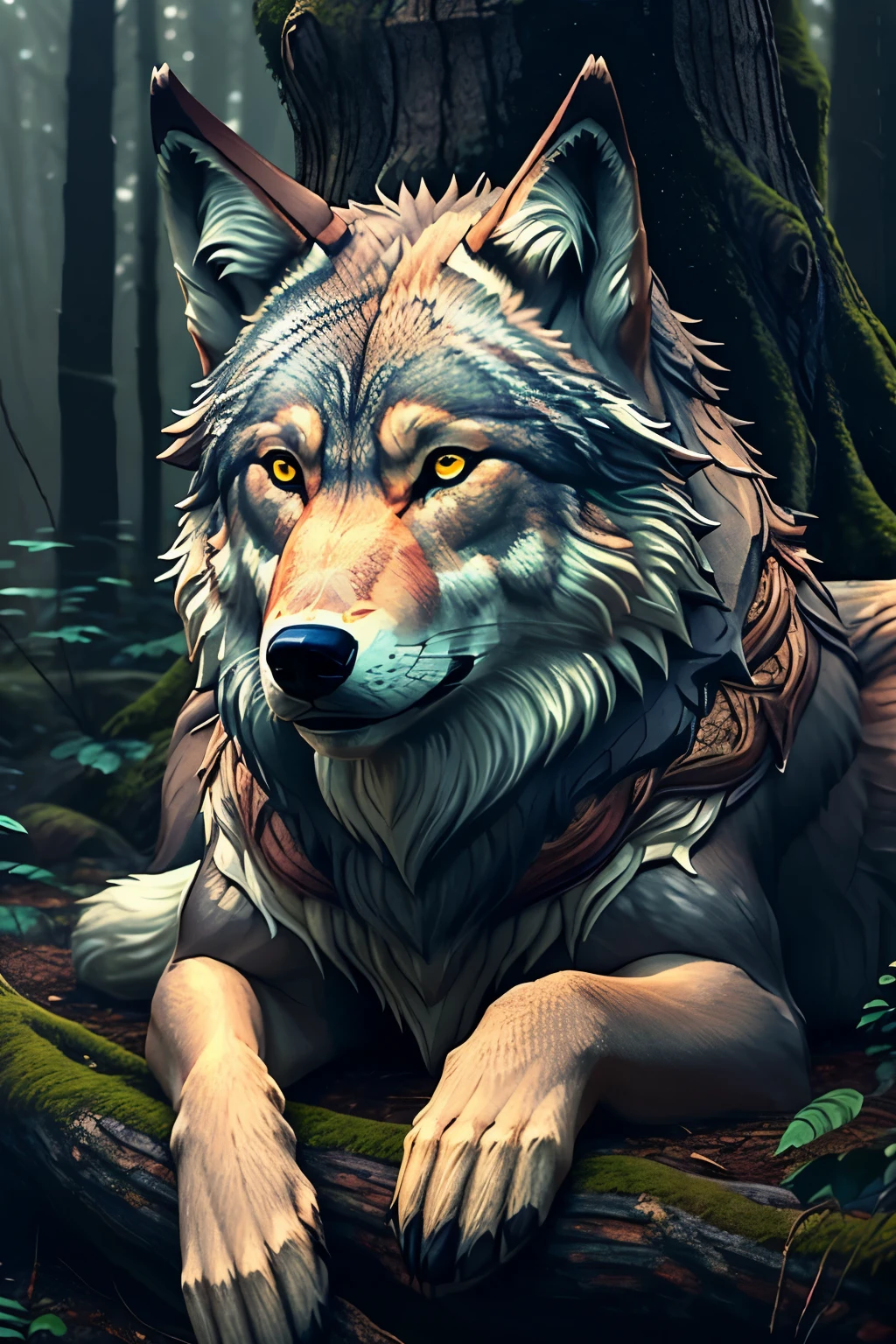 A highly detailed wood carving of a thoughtful and brave wolf sitting at the foot of a towering, ancient tree, surrounded by a serene, muted forest background, moody and mystical, hyper-realistic, the sunlight filtering through the leaves casting warm, brisk shadows on the intricately carved wolf, 8k resolution.