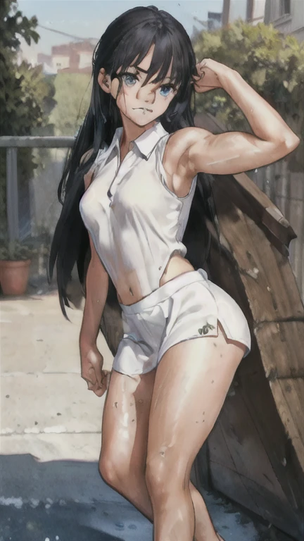absurd, masterpiece, best quality, realistic, hyper-detailed, (shiny skin, sweaty:1.4), looking at viewer, slender, 1girl, solo, tennis wear, white polo shirt, white sneakers, white miniskirt, small breasts, (thick thighs:0.4), dynamic lighting, high resolution, sharp focus, depth of field, ponytail, black hair, blue eyes