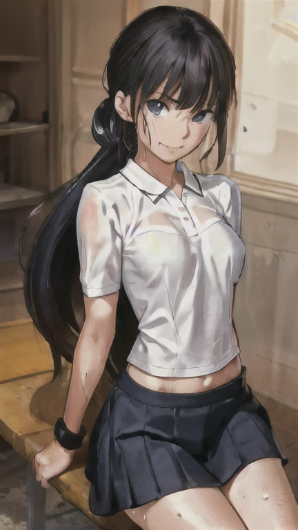 absurd, masterpiece, best quality, realistic, hyper-detailed, (shiny skin, sweaty:1.4), looking at viewer, slender, 1girl, solo, tennis wear, white polo shirt, white sneakers, white miniskirt, small breasts, (thick thighs:0.4), dynamic lighting, high resolution, sharp focus, depth of field, ponytail, black hair, blue eyes