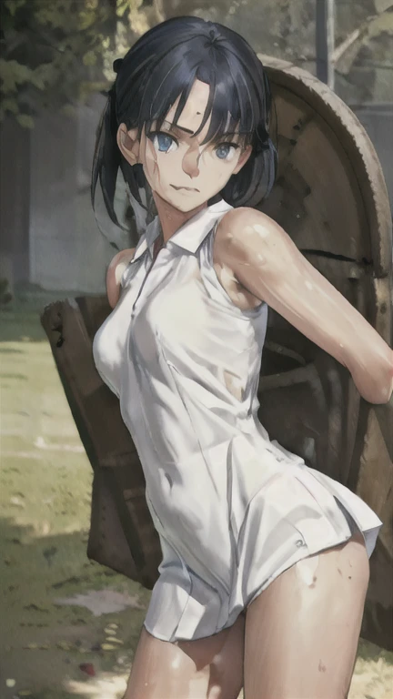 absurd, masterpiece, best quality, realistic, hyper-detailed, (shiny skin, sweaty:1.4), looking at viewer, slender, 1girl, solo, tennis wear, white polo shirt, white sneakers, white miniskirt, small breasts, (thick thighs:0.4), dynamic lighting, high resolution, sharp focus, depth of field, ponytail, black hair, blue eyes