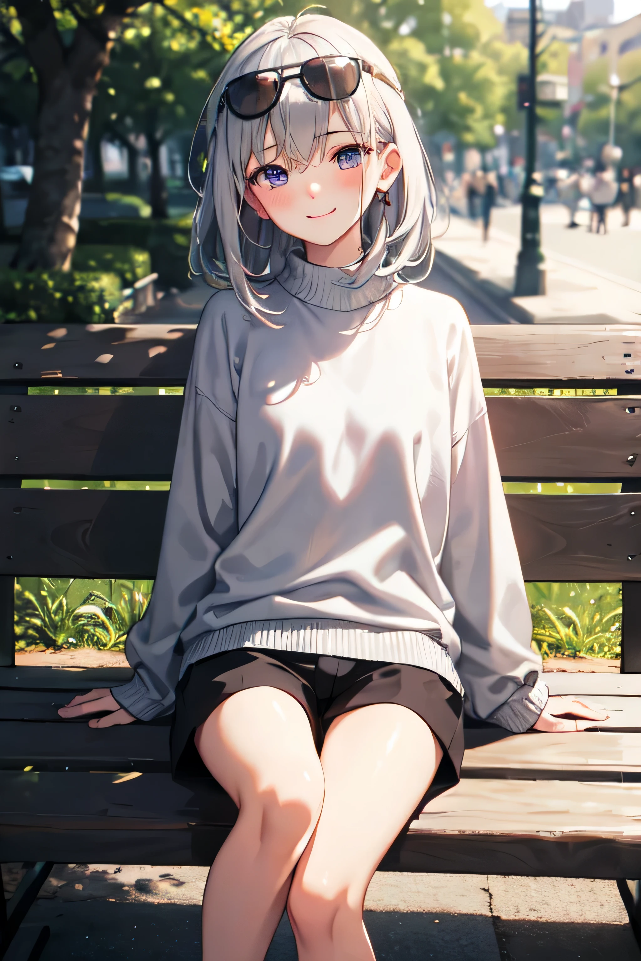 ((best quality)), ((masterpiece)), (detailed), perfect face
"Oversized grey sweater", "black short pants",
"Long grey hair", "violet eyes", "red pupils"
"facing straight", "slight blush on" "black sunglasses on head", "sitting on the bench", "background on the park" "relaxed" "tiny smile"