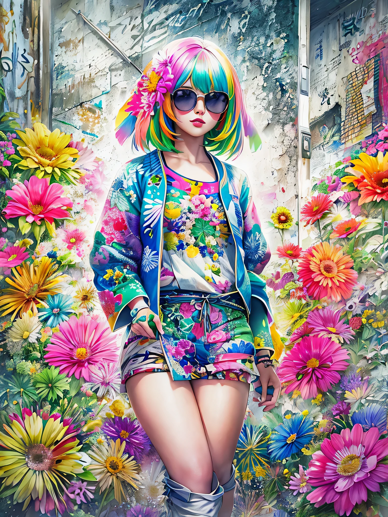 8K quality, watercolor painting, stylish design, (((The strongest beautiful girl of all time))), (((Japanese)))、Idol、clear, Stylish sunglasses, Fashionable hats, (((highest quality))), bob hair, HDR, ((Detailed details)), skull fashion, detailed clothing texture, (((graffiti art))), colorful hair, ((masterpiece))、((Super detailed))、(((colorful flowers)))