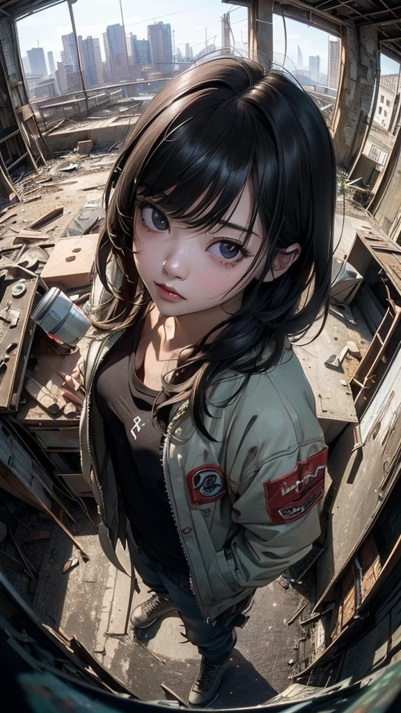 ((Highly detailed CG unit 8k wallpaper, masterpiece, High resolution, highest quality)), (Adult woman sitting on a rusty oil can in a deserted room, Nana Komatsu, hands in pockets:1.5, Cyberpunk fashion), ((highly detailed face, highly detailed black eyes, detailed body, highest qualityのリアルテクスチャスキン)), (In an abandoned building:1.3), (Angle from above:1.3, Fisheye Shot:1.5), hyper realistic, digital paint,