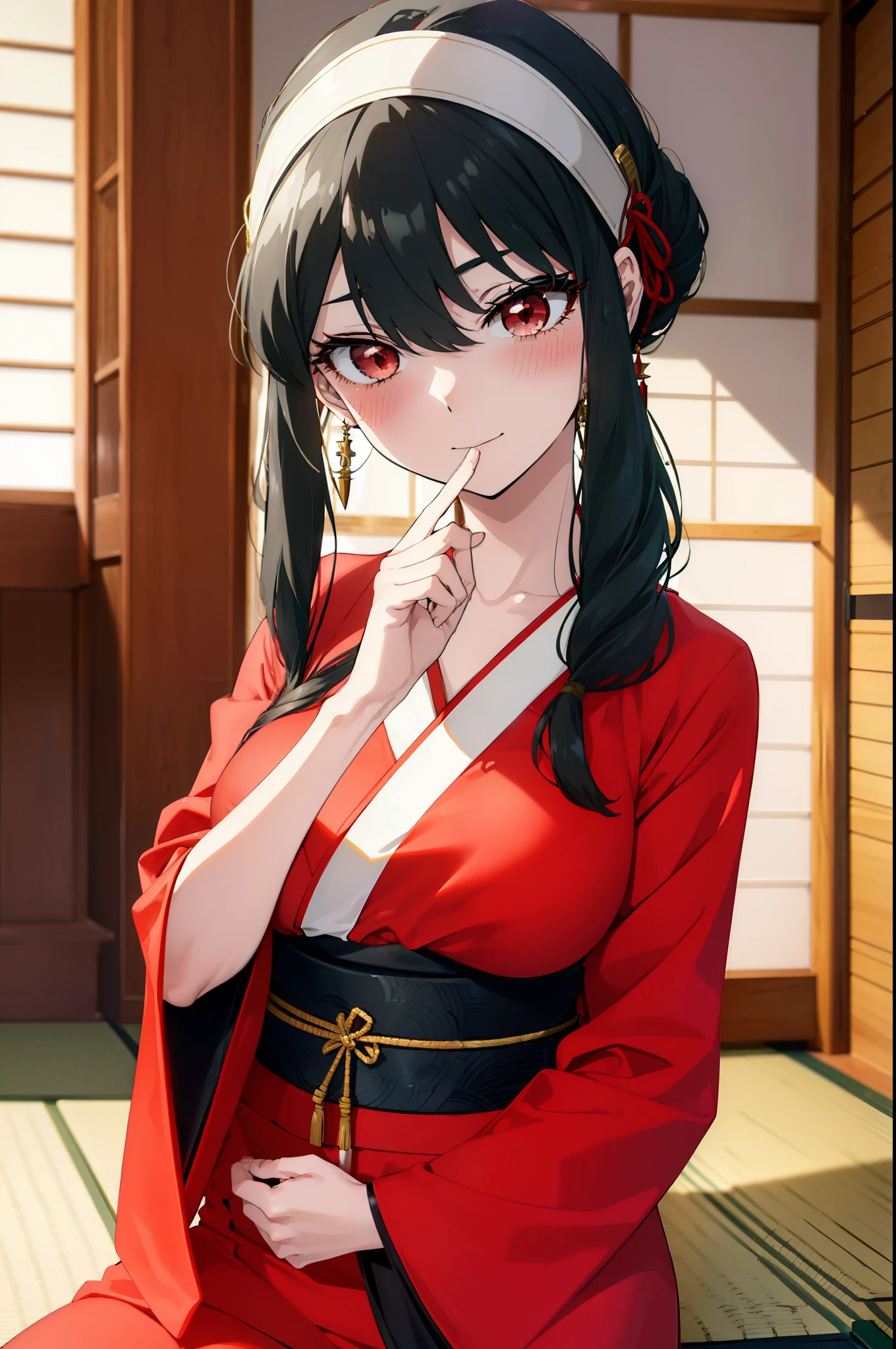 Yorubu Layer, your thorn, black hair, (red eyes:1.5), earrings, gold hair band, hair band, long hair, (medium breasts:1.2), smile,Gorgeous black kimono,barefoot,Holding a fan in his right hand,Hide your mouth with a fan,blush,sexy,sexy pose,sitting on the tatami,
break indoors,Japanese style room,
break looking at viewer, (cowboy shot:1.5),
break (masterpiece:1.2), highest quality, High resolution, unity 8k wallpaper, (shape:0.8), (fine and beautiful eyes:1.6), highly detailed face, perfect lighting, Very detailed CG, (perfect hands, perfect anatomy),