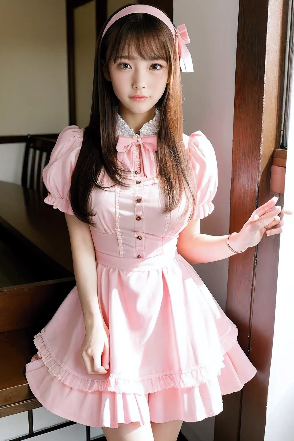 ((highest quality)), ((masterpiece)), (be familiar with), Perfect face Japanese perfect beauty　Perfect Japanese beauty face　Japanese perfectly proportioned pink hair with super straight long hair looks like an idol。　Super straight long hair length reaches to the knees　very detailed hair　very dense skin　Neat bangs　Bangs are Hime cut. Perfect body.　big big tits　She works at a maid cafe。　Meidorimin　Pink Room　The maid&#39;s clothes are pink　Maid&#39;s clothes have many frills.　she is standing and dancing。


