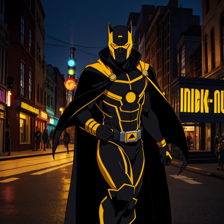 Black man, 20s, black and yellow superhero costume, cape, gadgets, mask, located in grim city.