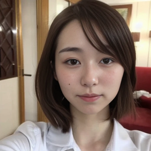 ((japanese woman))、low quality、(30 years old:1.6)、My skin is rough、brown hair、((black eyes))、tie hair、Selfie style、The place is home、shirt、((below average face))、noise、(Low quality:1.5)、realistic vape、Chubby、double chin、Poor image quality、dry skin