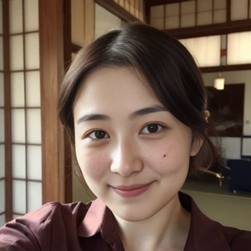 ((japanese woman))、low quality、(30 years old:1.6)、My skin is rough、brown hair、((black eyes))、tie hair、Selfie style、The place is home、shirt、((below average face))、noise、(Low quality:1.5)、realistic vape、Chubby、double chin、Poor image quality、dry skin