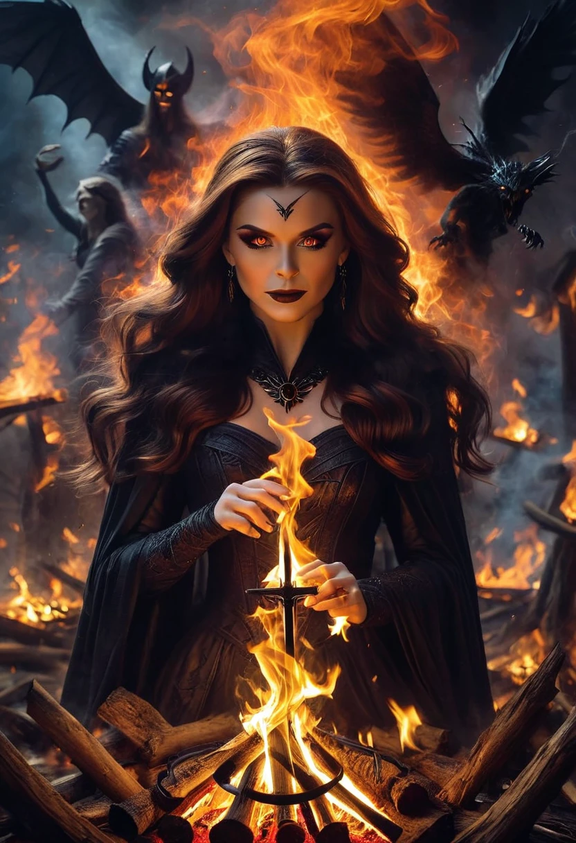 Masterpiece, Ultrarealist, 8k, dark, pagan ritual, bonfire, dark, angelic entity, joy , smug, witch, night, perfect realism, possession, demonic entity, macabre witch SDXL Unstable Diffusers ☛ YamerMIX Lora ScarletWitch (SDXL) WitchBlade (Sara Pezzini) XL