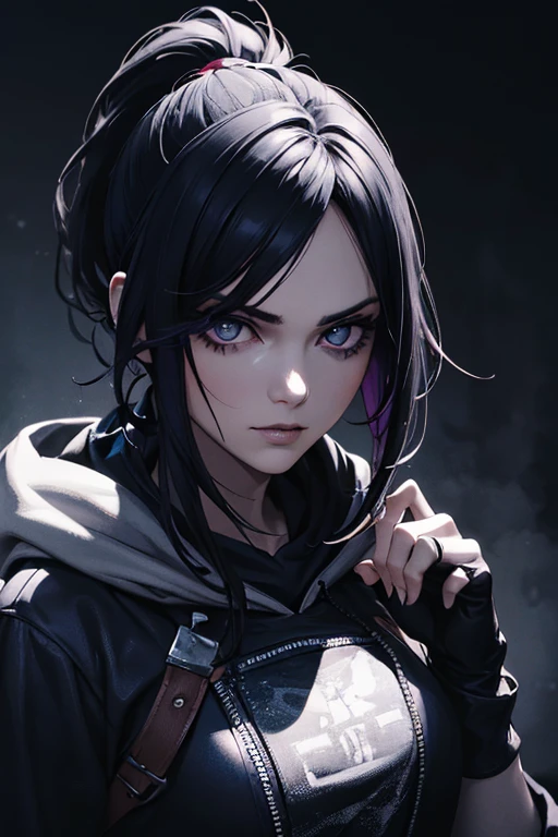 (best quality,4k,highres),(realistic:1.37),ultra-detailed,professional,vivid colors,sharp focus,A beautiful girl with ponytail,hoodie,fingerless gloves,extremely detailed and realistic eyes,beautiful detailed lips,her face has a badass expression,her eyes are piercing and intense,she wears a mysterious smile,her hoodie is dark and edgy,emphasizing her rebellious personality,she has long eyelashes and thin eyebrows,her fingerless gloves are black and partially torn,hair strands fall gently on her face,enhancing her allure,the overall lighting is moody and dramatic,giving a mysterious atmosphere,the color tone is dark and cool,accentuating her badass demeanor.