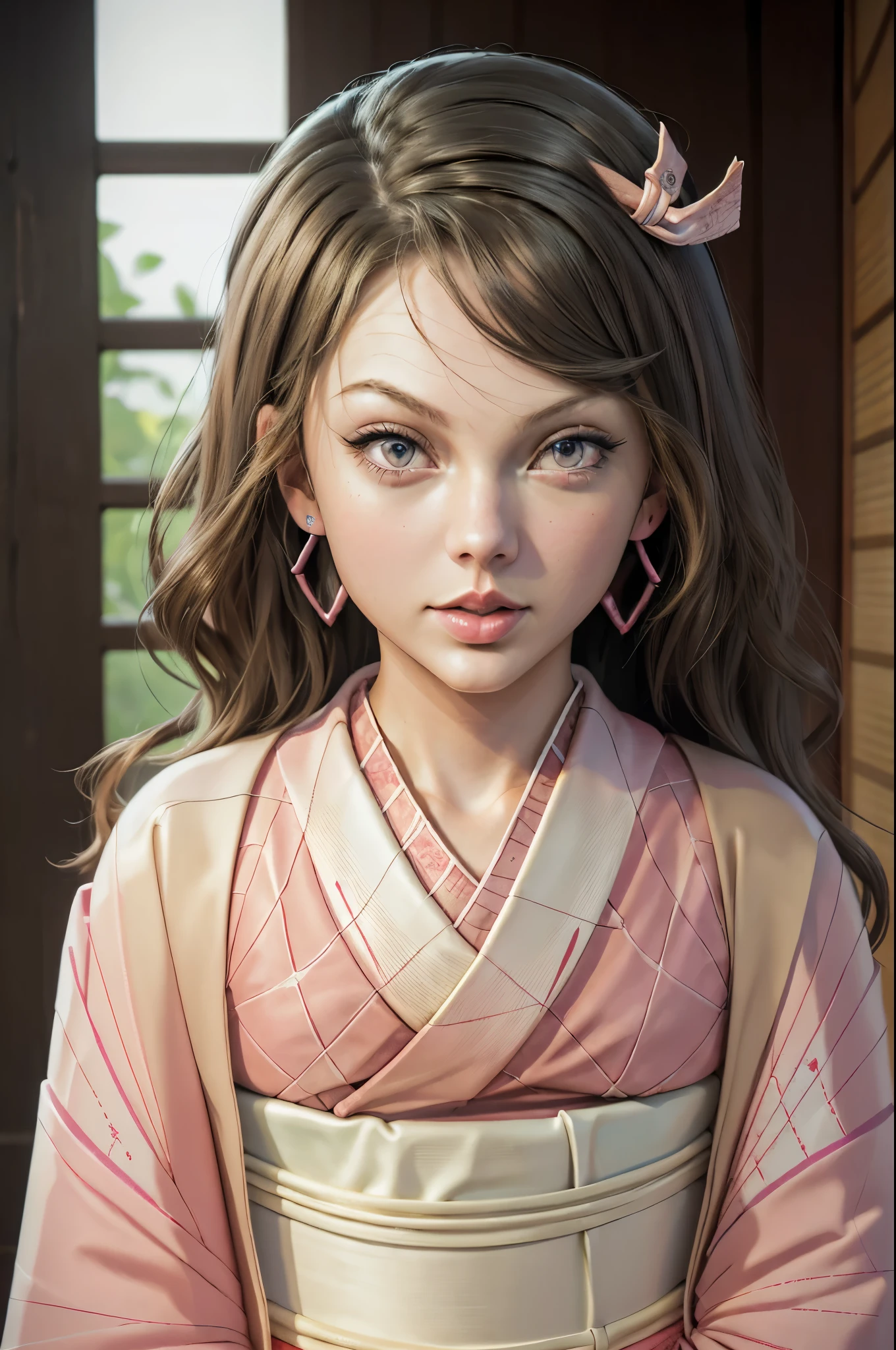 insanely detailed, Detailed portrait of illustration,masterpiece, best quality, beautiful lighting,(taylor swift),Nezuko, japanese_clothes, kimono, solo, bamboo, bit_gag, gag, pink_kimono, gagged, looking_at_viewer, forehead, RAW photo, 8k uhd, film grain,showing big .