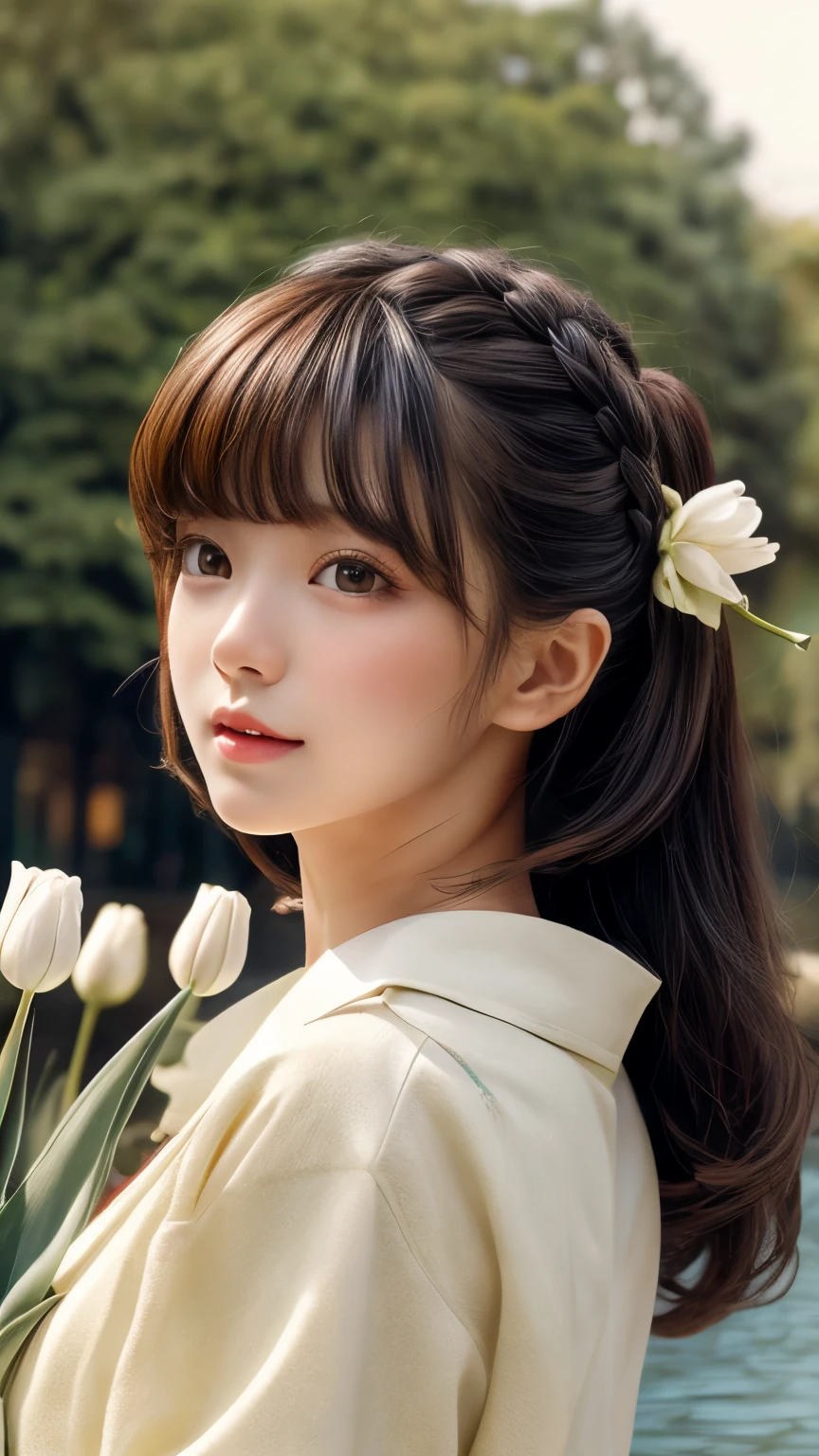 Dragon Ball bloomers, futuristic scene, 機械的に強化された日本のhigh school girl、Elegant in an elaborate garden. She has beautifully detailed eyes and lips that complement her face. high school girl。.uniform。.。.。.。.。.。14 year old girl.. Around her are bright tulip and a quiet carp pond. The scenes are drawn using a combination of illustration and photorealism, sunflower,Highly detailed brush strokes and sharpness, bright colors. uniformの優美な姿を際立たせる照明, gives softness to the skin, porcelain shine。. Artwork is of the highest quality, Exquisite costume details on display, tulip, . The overall color scheme is、、、、、、、、、、、、traditional Japanese color combinations, crimson, wait., bus stop、sit on a swing、Headphones around the neck、Side view、Side view、whole body、cute clothes、from far away、Open the center、Big eyes、random pose