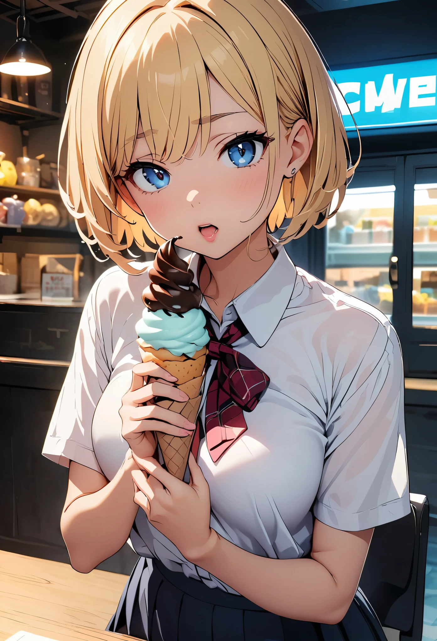 18 year old beautiful girl, masterpiece, highest quality, 8K animation, fine fingers, precise fingers, It's not an unnatural hand, figure, 1 girl, alone, blonde very short hair, look at the viewer:1.2, Holding a soft-serve ice cream in your hand:1.2, open mouth licking, Lustrous lips, Focus on lips, face up shot