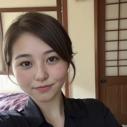 ((japanese woman))、low quality、(30 years old:1.6)、My skin is rough、brown hair、((black eyes))、tie hair、Selfie style、The place is home、shirt、((below average face))、noise、(Low quality:1.5)、realistic vape、Chubby、double chin、Poor image quality、dry skin