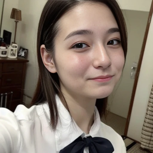 ((japanese woman))、low quality、(30 years old:1.6)、My skin is rough、brown hair、((black eyes))、tie hair、Selfie style、The place is home、shirt、((below average face))、noise、(Low quality:1.5)、realistic vape、Chubby、double chin、Poor image quality、dry skin