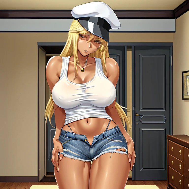 A mature woman in love Beautiful anime face Tall long-haired blonde Super high quality Masterpiece Black police hat White tank top Transparent breasts Navel visible Sexy pose Nice body Ripped denim shorts Highlighting the crotch Bedroom Only one person in the room ２book arm five fingers 