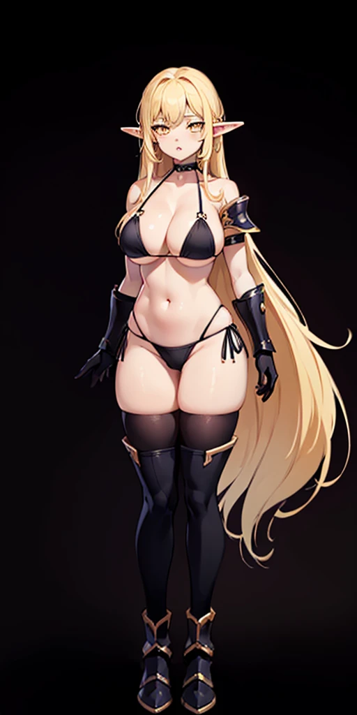 ((BLACK BACKGROUND1:2)) masterpiece, best quality, high quality, 1solo white SKIN elf, long hair, blonde hair, yellow eyes, full body, black bikini, looking at viewer, shiny, black thighhighs, high boots,shoulder armor, faulds, poleyn, gloves, gauntlets, FEET TOGETHER STANDING SYMMETRICAL, female elf big knockers bikini