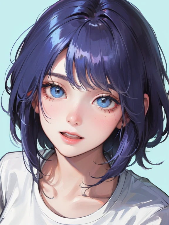(((1 woman)))、(highest resolution、clear_image) best quality、(((pop)))、1990s、((colorful background))、((illuminate))、very detailed、semi-realistic、sky blue hair、((hairstyle I made、laughter、bangs、25 years old、young、((T-shirt))、delicate facial features facial features、((fine eyes))、(angle, close up of face:1.2) 、head shot, shoot from above,