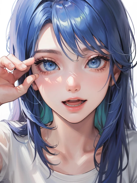 (((1 woman)))、(highest resolution、clear_image) best quality、(((pop)))、1990s、((colorful background))、((illuminate))、very detailed、semi-realistic、sky blue hair、((hairstyle I made、laughter、bangs、25 years old、young、((T-shirt))、delicate facial features facial features、((fine eyes))、(angle, close up of face:1.2) 、head shot, shoot from above,