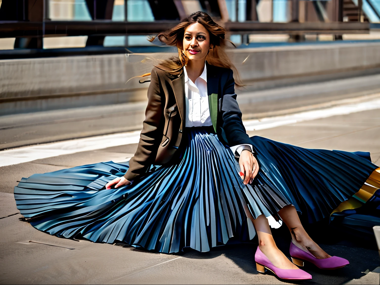 (authentic:1,1) (shy:0,9) (smiling:0,4) women wearing (long (pleated) full circle skirte) and (low heeled office shoes), very intricate hyper-detailed symmetric (attractive graceful feminine faces) with (sad, tired eyes and shy smiles), large breasts, full of empathy and compassion and love, (pronounced (feminine) features), (highly detailed ultra accurate realistic) hands and fingers, (windy conditions and wind blowing), epic composition, highly detailed attributes, highly detailed space station background, extremely high quality RAW photograph,, sci-fi , high-angle shot, cinematic shot, dynamic lighting, 75mm, Technicolor, Panavision, cinemascope, sharp focus, fine details, 8k, HDR, realism, realistic, key visual, film still, superb cinematic color grading, depth of field