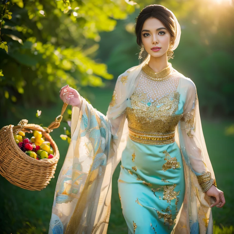 beautiful muslimah girl, wearing traditional silk baju kurung, ultra-detailed, detailed faces, detailed skins, 8k masterpieces, cinematic lighting, firm push-up bosom, modest bosom, slim and slender body, long hijab, eid mubarak, in malay village, picnic in the meadow with a basket full of fruits and flowers