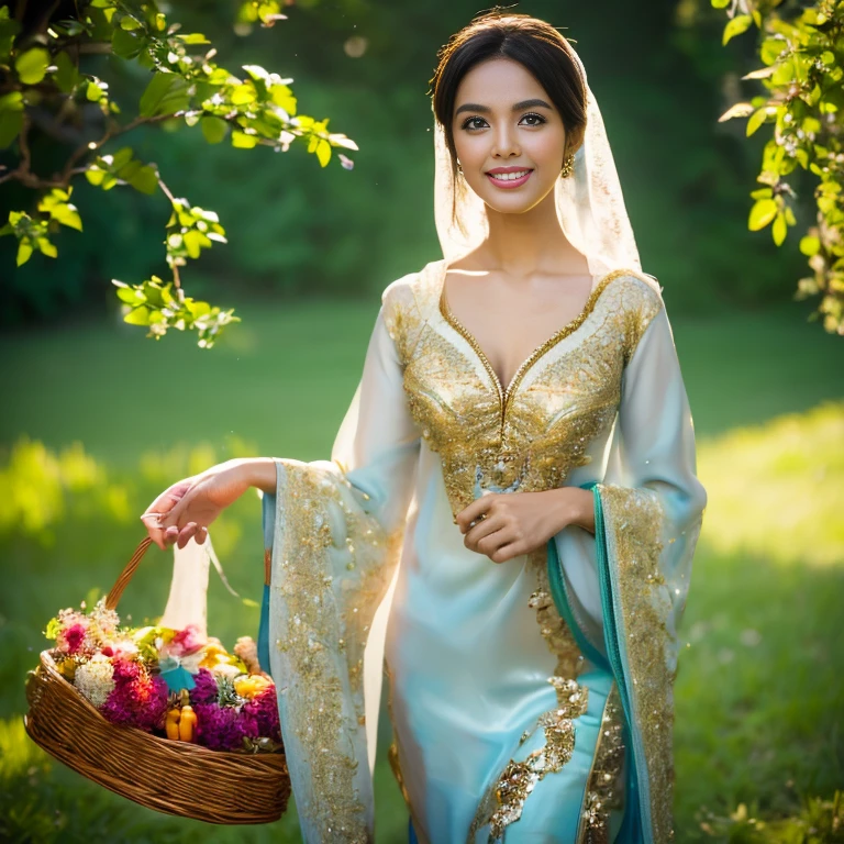 beautiful muslimah girl, wearing traditional silk baju kurung, ultra-detailed, detailed faces, detailed skins, 8k masterpieces, cinematic lighting, firm push-up bosom, modest bosom, slim and slender body, long hijab, eid mubarak, in malay village, picnic in the meadow with a basket full of fruits and flowers