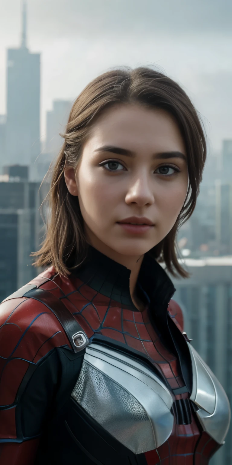 (1girl:1.3), Solo, (((Very detailed face)))), ((Very detailed eyes and face)))), Beautiful detail eyes, Body parts__, Official art, Unified 8k wallpaper, Super detailed, beautiful and beautiful, beautiful, masterpiece, best quality, original, masterpiece, super fine photo, best quality, super high resolution, realistic realism, sunlight, full body portrait, amazing beauty, dynamic pose, delicate face, vibrant eyes, (from the front), She wears Spider-Man suit, red and black color scheme, spider, very detailed city roof background, rooftop, overlooking the city, detailed face, detailed complex busy background, messy, gorgeous, milky white, highly detailed skin, realistic skin details, visible pores, clear focus, volumetric fog, 8k uhd, DSLR, high quality, film grain, fair skin, photo realism, lomography, futuristic dystopian megalopolis, translucent