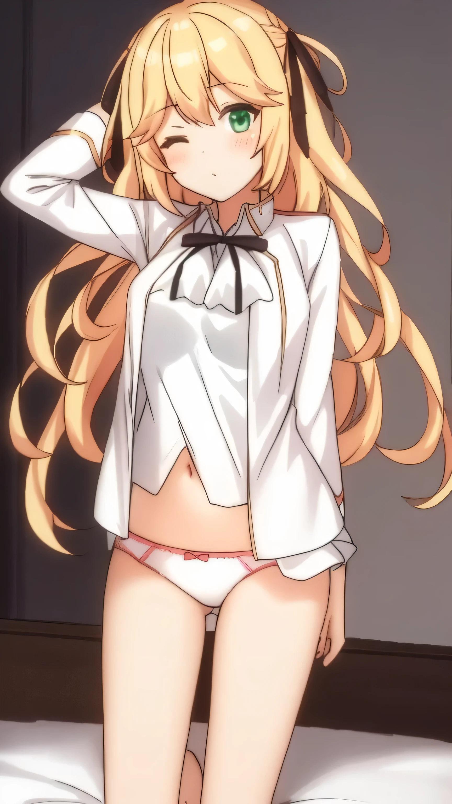 1 girl, underwear, hair, thigh, white_underwear,, long_hair, breast, white pajamas,unbuttoned pajamas,open income,navel,bare belly,eyes closed,eyes closed, exist_Back, In the bedroom, hindquarters, Bangs, split, blush,Lying on exist's bed,white,,white,Full body female love,arms open