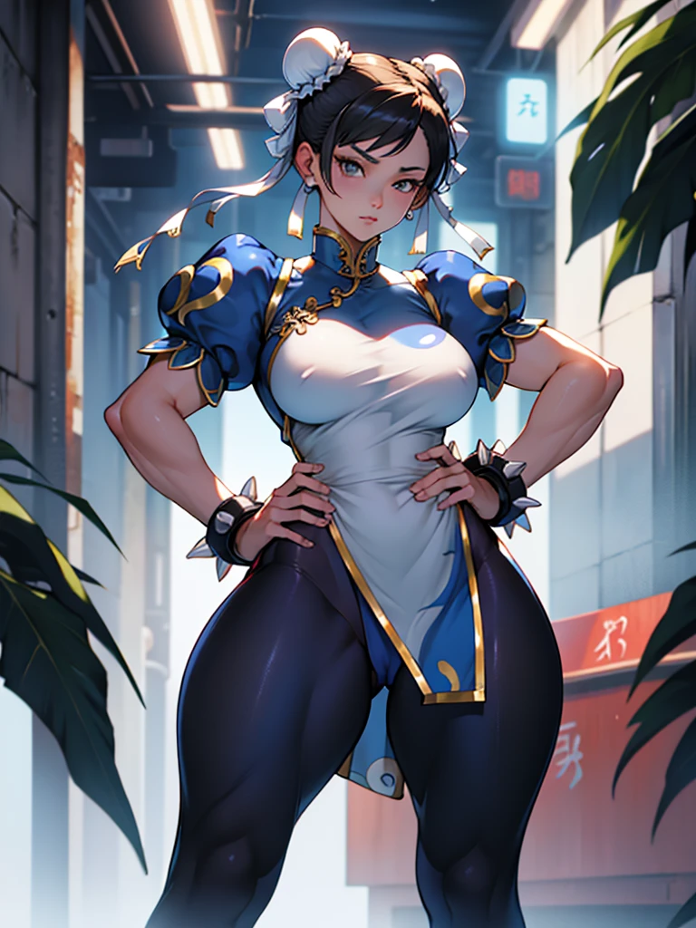 Chun-Li,linda jovem com uniforme azul classico, coxas grossas, belas coxas sexy,um pouco muscolosa, cabelo preso, black tights,cidade chinesa a tarde, Standing alone.solo, roupa azul, saia azul, olhar serio, belos olhos, belo rosto bem detalhado, olhos e sobrancelhas detalhado.olhos castanhos escuros