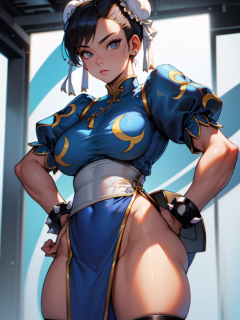 Chun-Li,linda jovem com uniforme azul classico, coxas grossas, belas coxas sexy,um pouco muscolosa, cabelo preso, black tights,cidade chinesa a tarde, Standing alone.solo, roupa azul, saia azul, olhar serio, belos olhos, belo rosto bem detalhado, olhos e sobrancelhas detalhado.olhos castanhos escuros