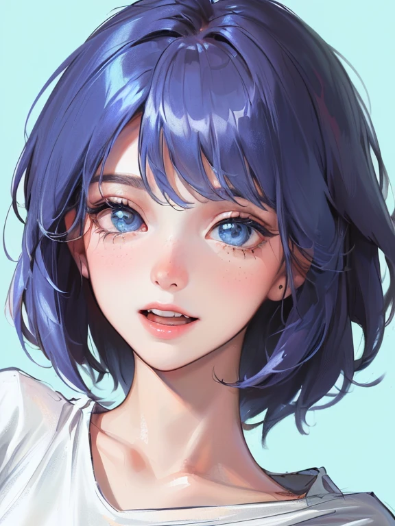 (((1 woman)))、(highest resolution、clear_image) best quality、(((pop)))、1990s、((colorful background))、((illuminate))、very detailed、semi-realistic、sky blue hair、((hairstyle I made、laughter、bangs、25 years old、young、((T-shirt))、delicate facial features facial features、((fine eyes))、(angle, close up of face:1.2) 、Dutch angle shot,
