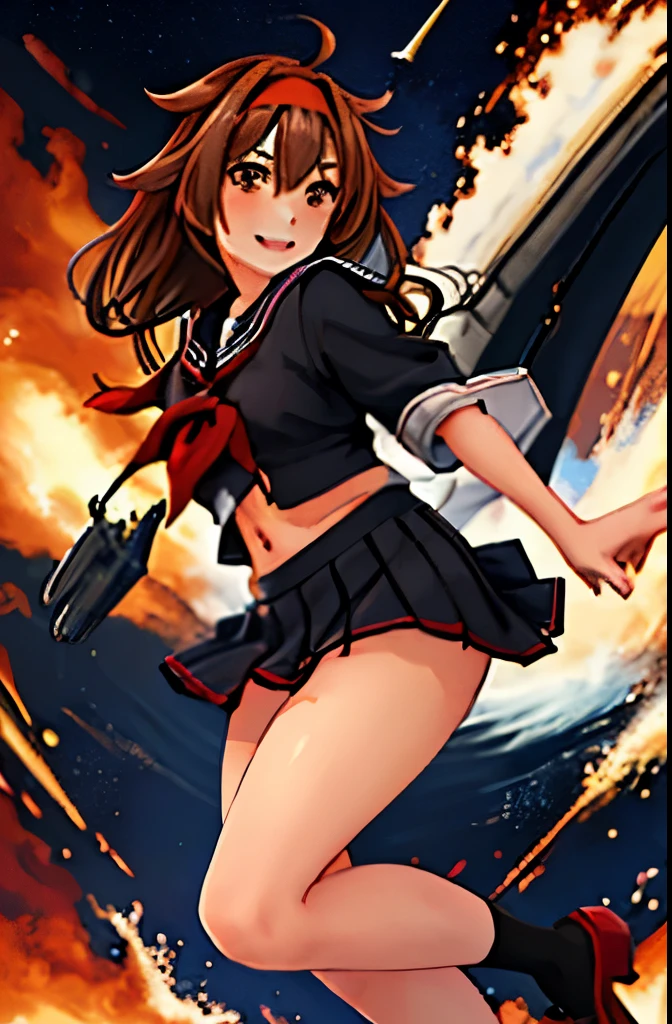 highest quality, masterpiece, High resolution, 1 girl, shiratsuyu (kancolle)(Bai Lu Kai Er　Fleet Collection:1.15), brown hair, brown eyes,  smile, slender body, full body figure,red headband, (((black sailor suit))),pleated skirt, 