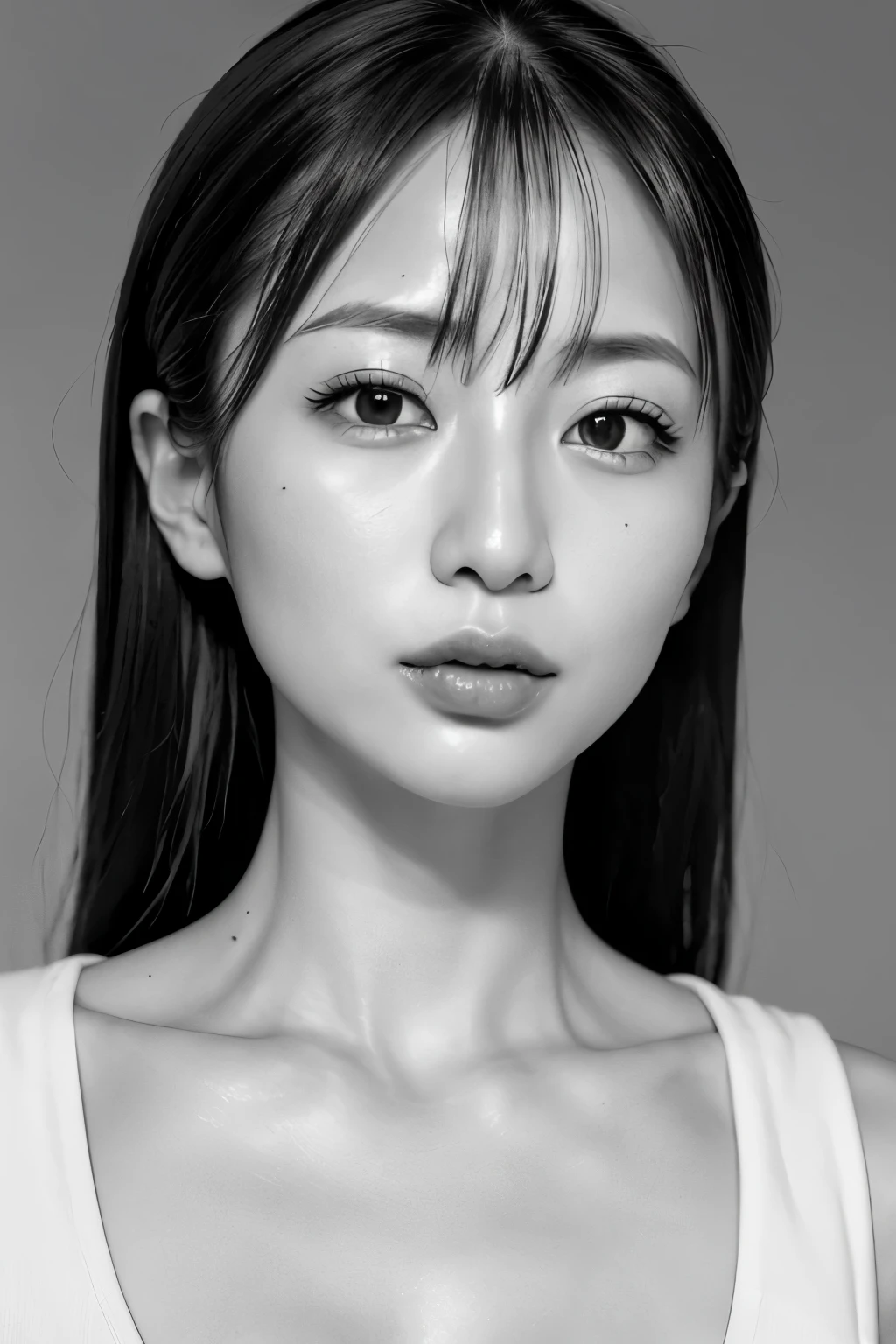 mastepiece, Best Quality, Photorealsitic, Ultra-detailed, finely detail, high resolution, 8k wallpaper, Raw photography, Professional, high level of detail, (((Monochrome photography))), Skinny Japanese woman, 30 years old, 1girl in, (Facing the front), The upper part of the body, face perfect, ((Only lips red))