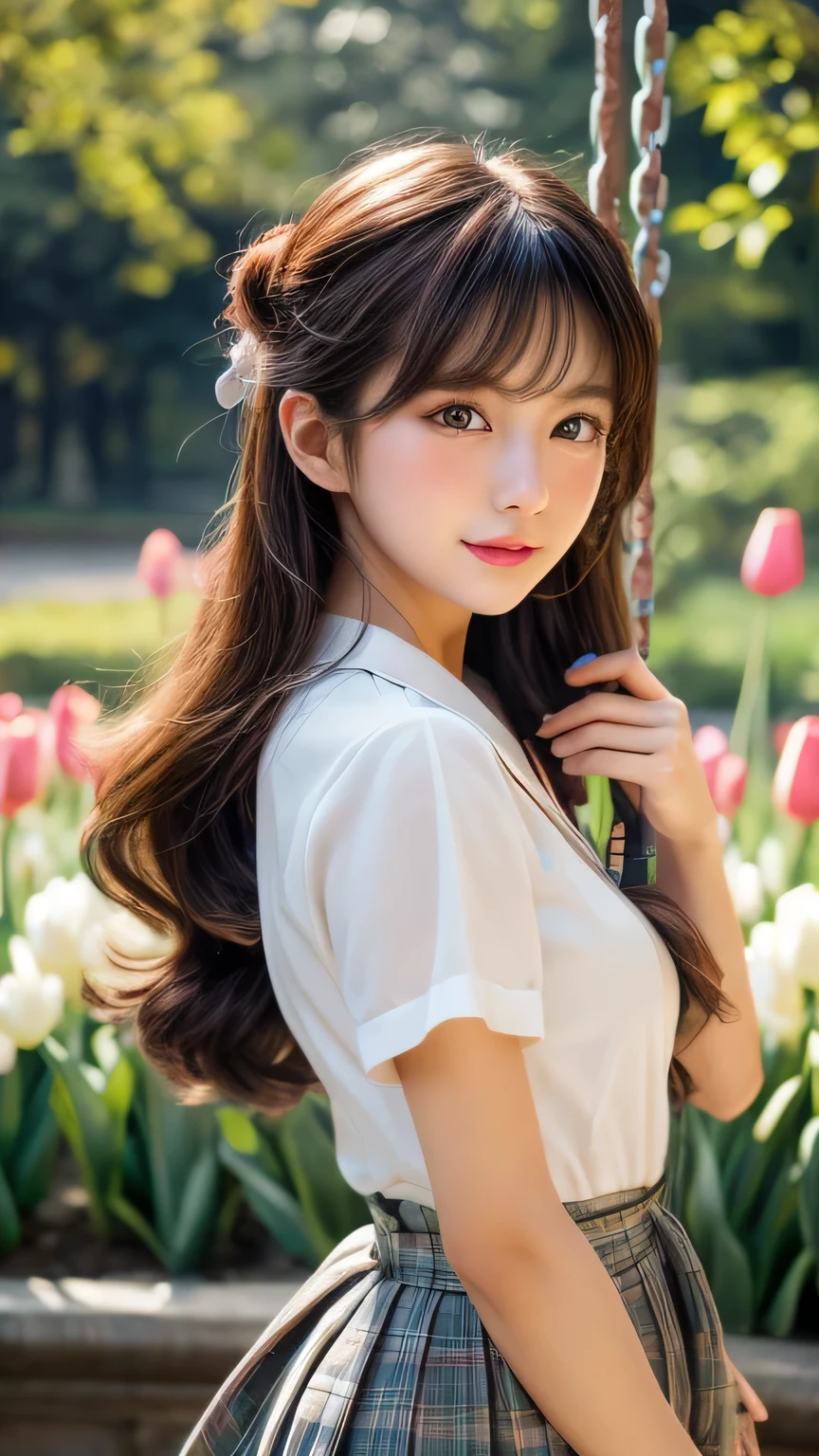 Dragon Ball　bloomers, futuristic scene, Mechanically enhanced Japanese high school girl、Elegant in an elaborate garden. She has beautifully detailed eyes and lips that complement her face. high school girl。.uniform。.。.。.。.。.。14 year old girl.. Around her are bright tulip and a quiet carp pond. The scenes are drawn using a combination of illustration and photorealism, sunflower,Highly detailed brush strokes and sharpness, bright colors. Lighting that highlights the elegance of the uniform, gives softness to the skin, porcelain shine。. Artwork is of the highest quality, Exquisite costume details on display, tulip, . The overall color scheme is、、、、、、、、、、、、traditional Japanese color combinations, crimson, wait., bus stop、sit on a swing、Headphones around the neck、Side view、Side view、whole body、cute clothes、from far away、Open the center、Big eyes、random pose、whole body
