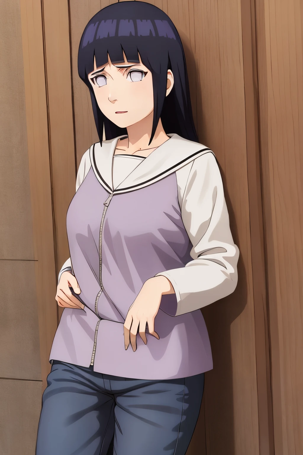 parte maestra, Absurdo, 1 chica, Hinata\(Shippuden\), solo,serafuku, camiseta sem mangas, pantalones ajustados, panza afuera, pechos medios,  piernas gruesas, caderas anchas, cintura fina, delicioso