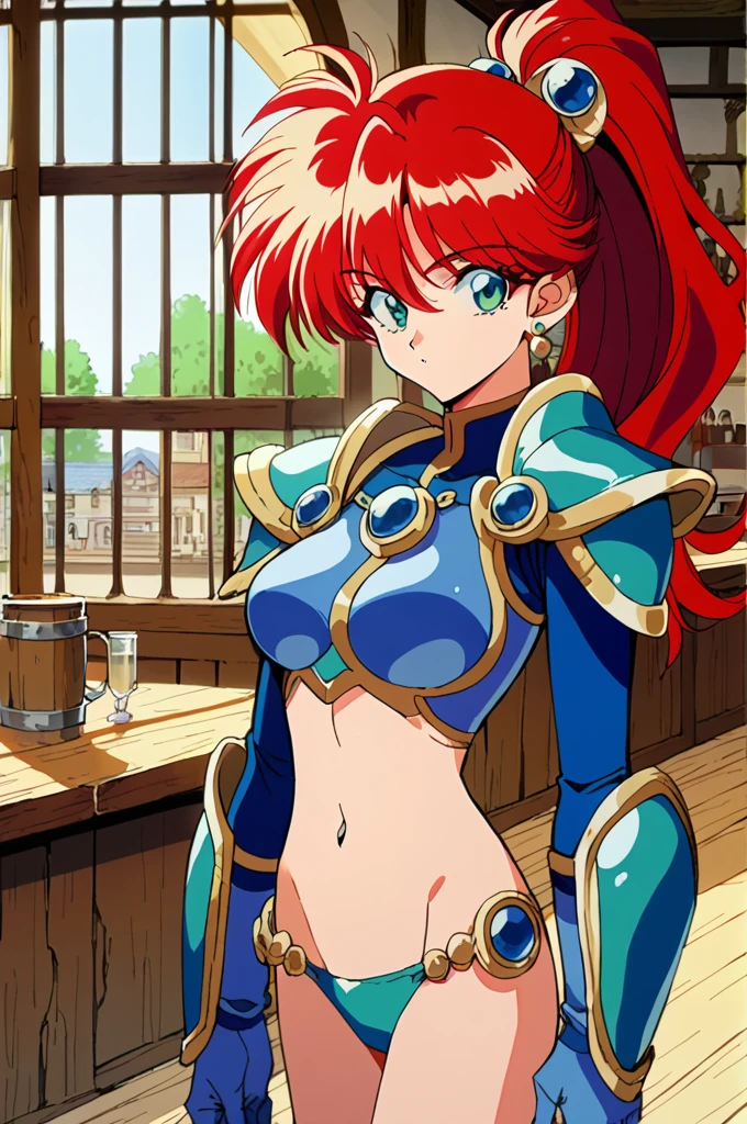 "(by yag:1.1), score_9, score_8_up, score_8, source_anime, retro anime style, anime screencap, anime coloring, 
1girl, intricate high detailed body, 
red hair, bangs, ponytail, 
green eyes, faint lips, 
slender, medium  breasts, 
ennui, sexy face, 
bikini armor, shoulder pads, 
jewelry, sleeve, 
sexy pose, 
cowboy shot, 
indoors, tavern"