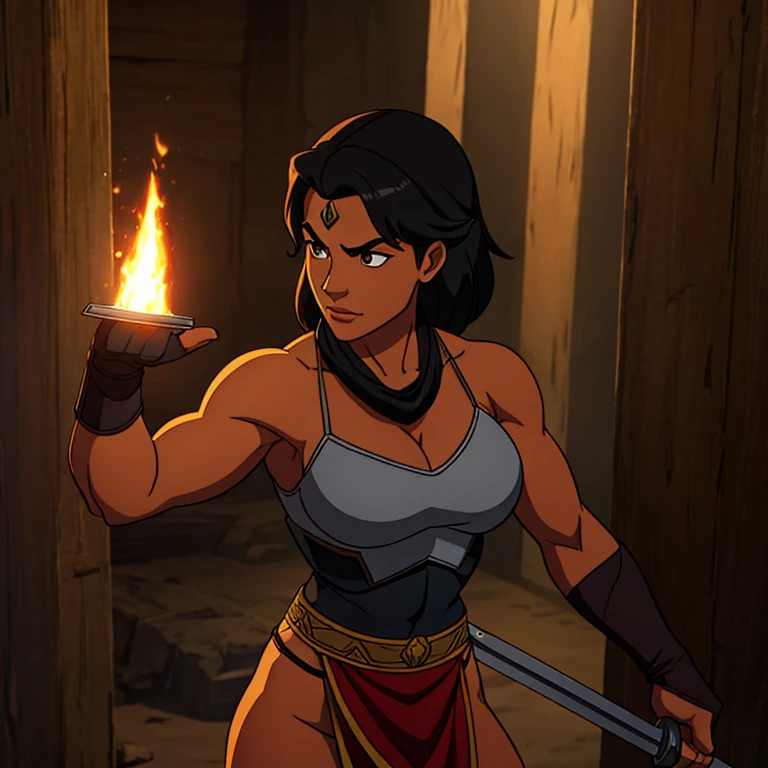 Female black, 30s, Amazonian attire, muscles, sword and shield.