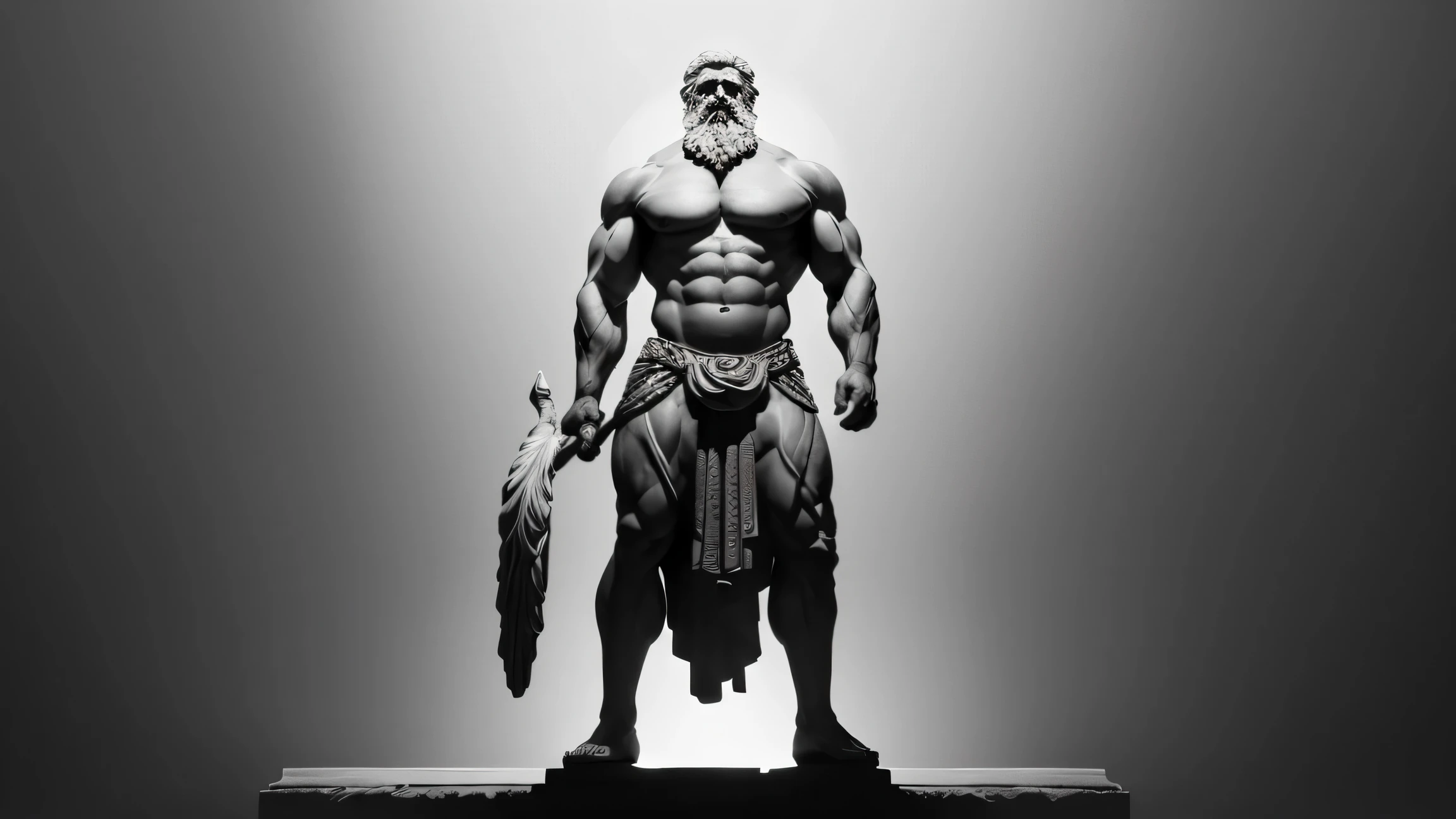 Black and white Image of a full-body statue depicting a muscular, bearded old man. The statue should be in the style of ancient Greek art, characteristic of Stoicism. It should feature clothing elegantly draped over one shoulder. The background should be dark and destructive and epic like a warrior, highlighting the statue as the central element. The statue must demonstrate exceptional craftsmanship, with intricate details visible in the facial features and attire. The image should have a dramatic feel, achieved through the interplay of light and shadow. The perspective should be a wide shot.