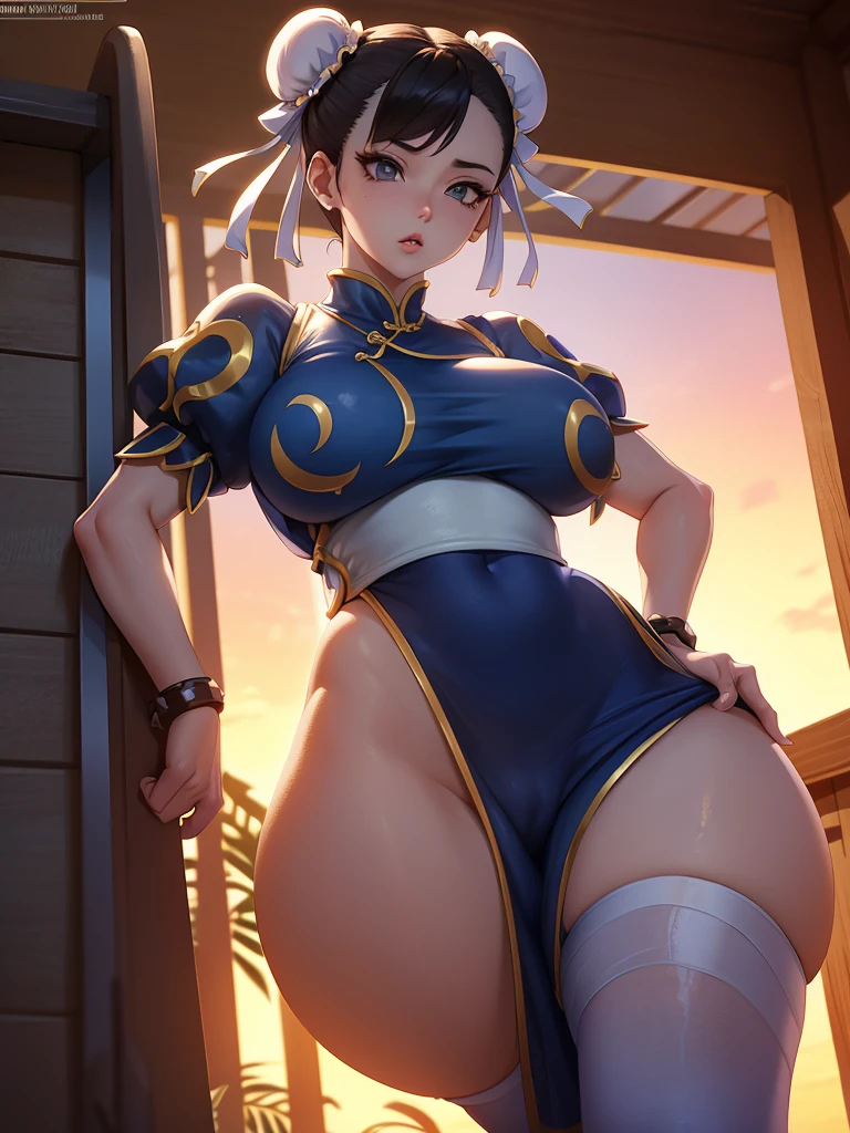 Chun-Li,linda jovem com uniforme azul classico, coxas grossas, belas coxas sexy,um pouco muscolosa, cabelo preso, black tights,cidade chinesa a tarde, Standing alone.solo, roupa azul, saia azul, olhar serio, belos olhos, belo rosto bem detalhado, olhos e sobrancelhas detalhado.olhos castanhos escuros,sunset, yellow sun lighting