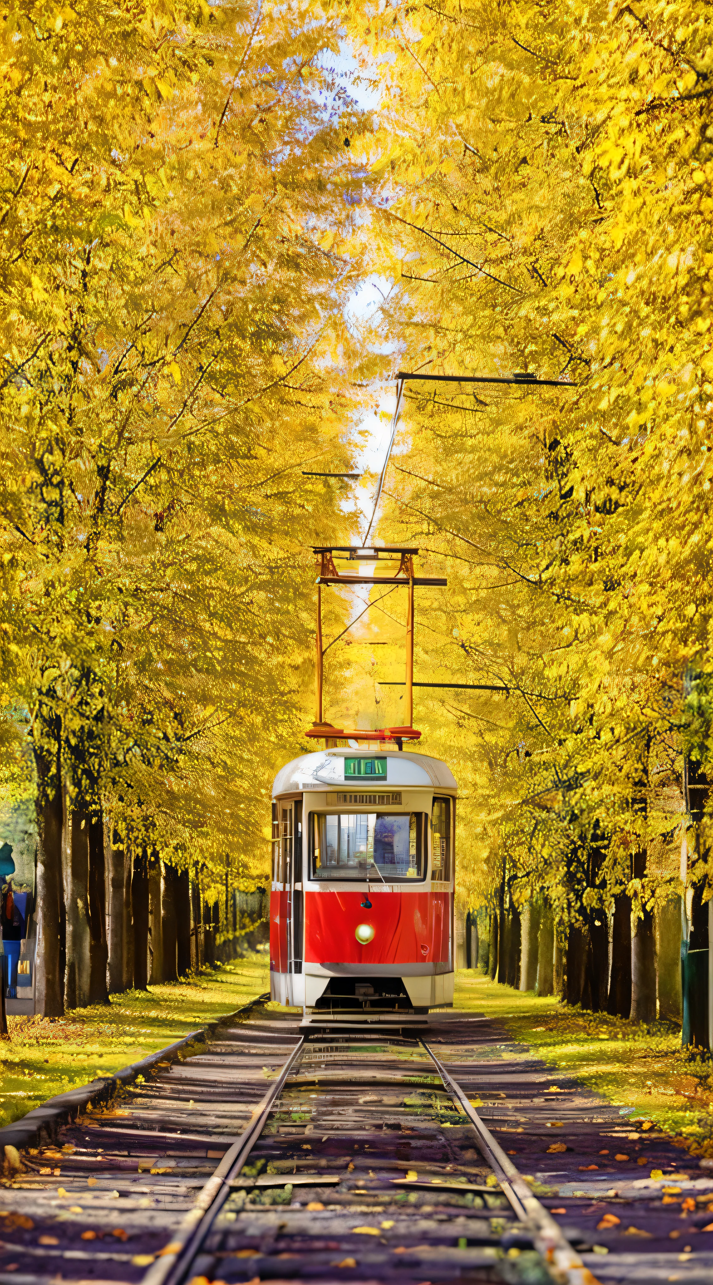 arafed trolley on a track surrounded by trees in cependantn, les tramways ) ) ), les tramways, tramway de rue, tram, in the cependantn, cependantn season, vienna, in cependantn, ville de Vienne, Details and bright colors, Anna Nikonova, expert, vibrant cependantn colors, cependant, Andrei Gordeev, palette de couleurs jaune et rouge